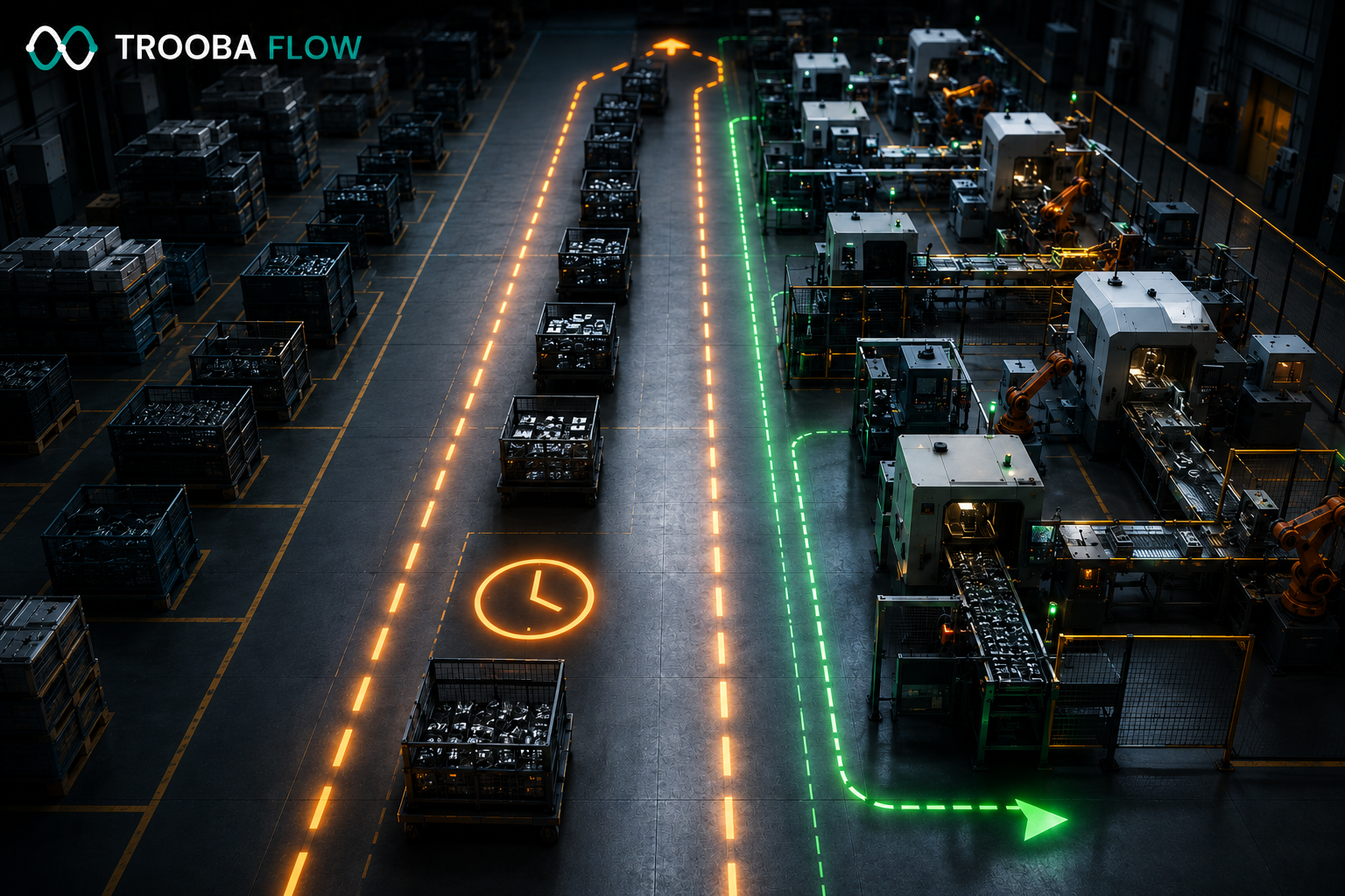 Parts waiting between operations while only a small share of lead time is processing