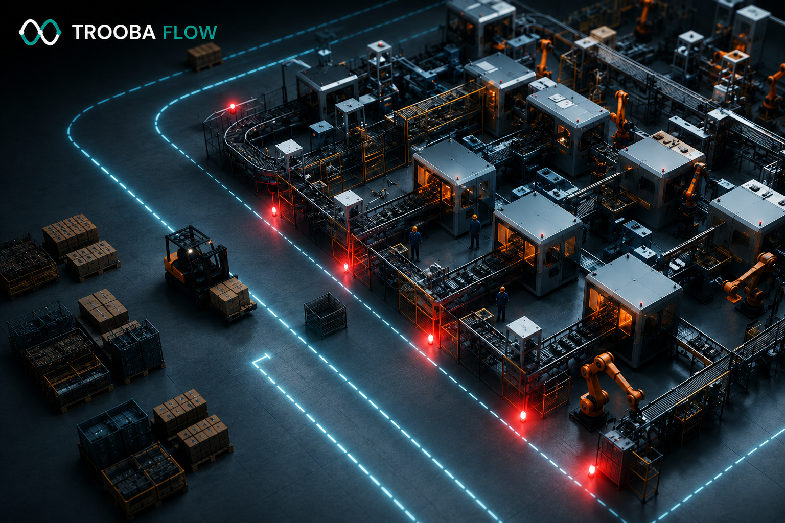 Factory floor with machines running at high utilisation while jobs wait in queue